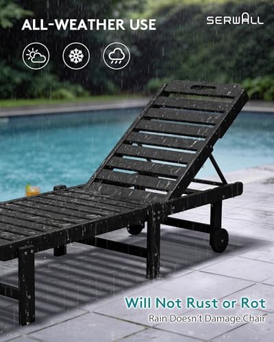 SERWALL HDPE Outdoor Chaise Lounge Set of 2 with Cup Holder & Wheels, Bla...