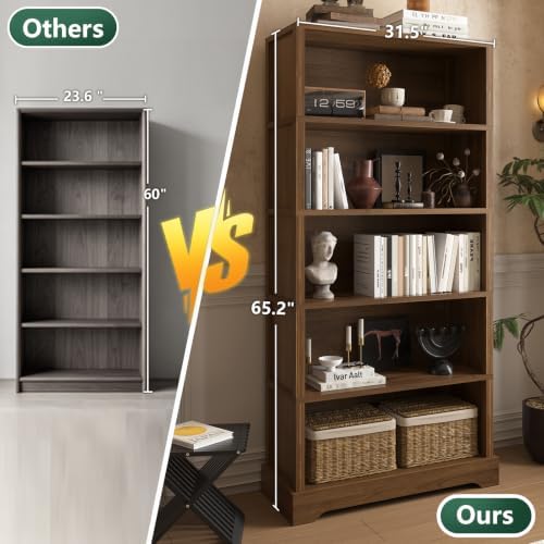 TVU 5 Tiers Wooden Bookshelf, 65.2" Tall Farmhouse Style Open Bookcase, ...