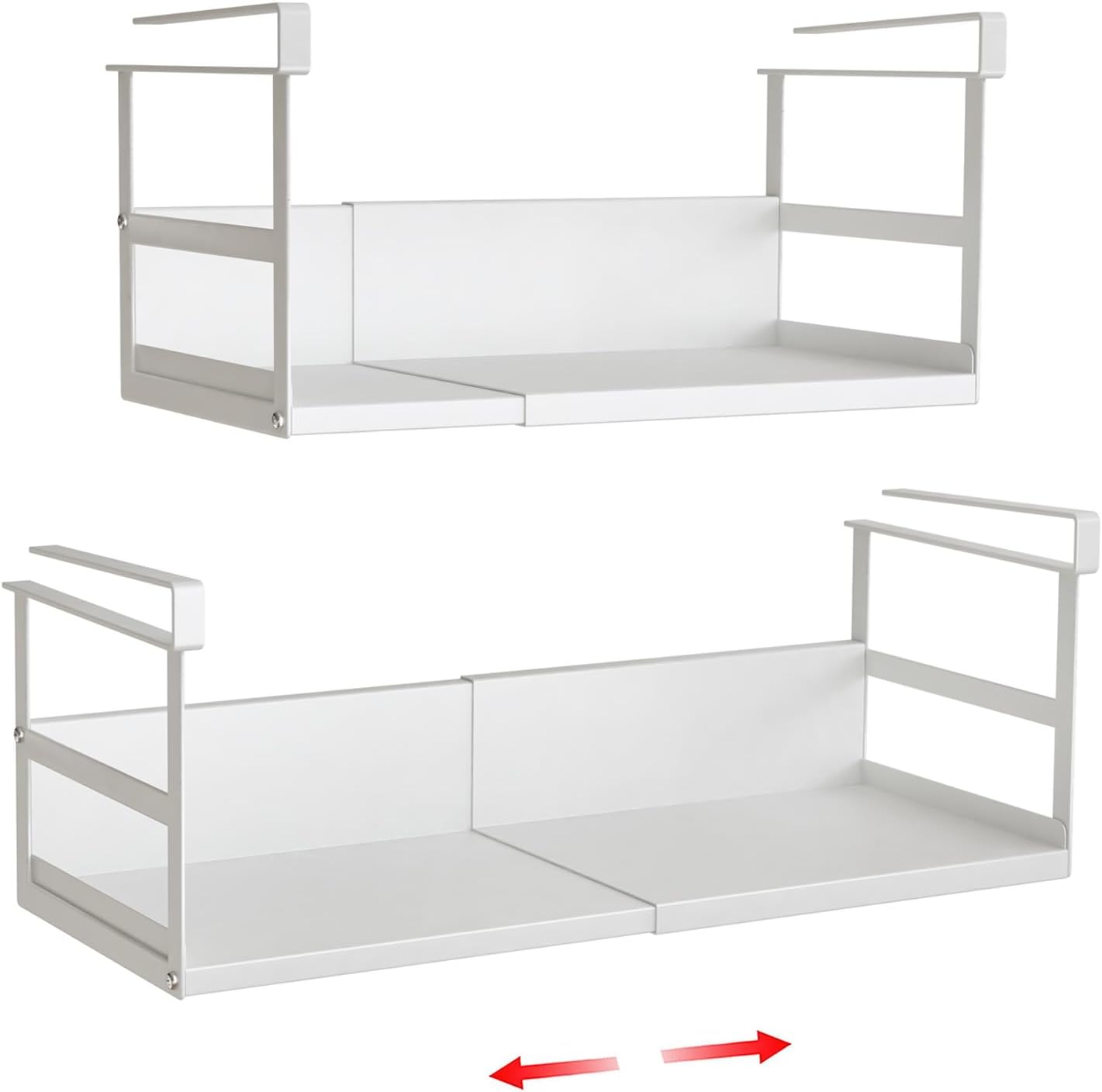 Expandable Under Cabinet Shelf Organizer with 0.94-Inch Thick Clips, Heavy Duty Extendable Under Shelf Storage Basket for Pantry or Laundry Room, White, 2 Pack, Interior: 5.7" H x 7.2" D