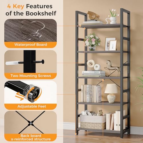 DUMOS 5-Tier Bookshelf, Modern Tall Bookcase Book Shelf Storage Organizer