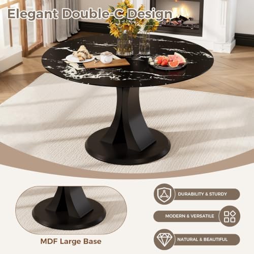 5-Piece Dining Table Set for 4 with 47 In Black Faux Marble Round Table