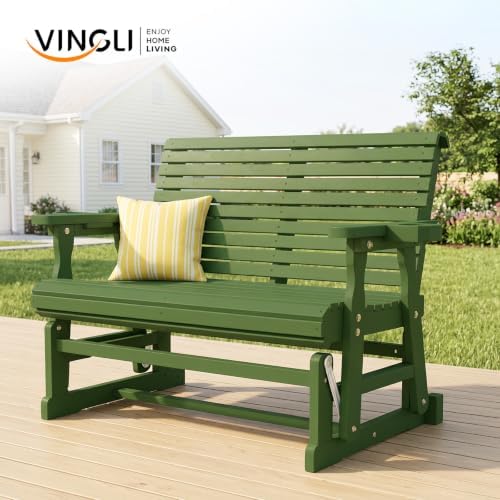 VINGLI Outdoor Glider Wood Patio Chair with Cup Holders, Outdoor Bench Glider...