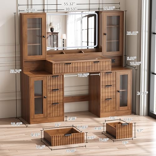 55" Vanity Desk with Mirror & Lights, Fluted Makeup Vanity with 8 Dr...