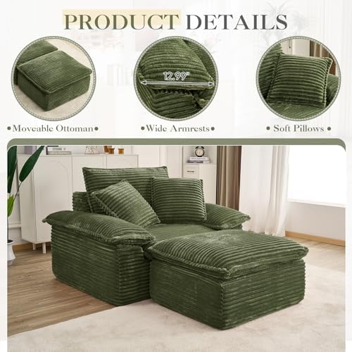 Oversized Chaise Lounge Chair Indoor with Ottoman, Upholstered Corduroy Moder...