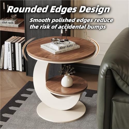 Round Sofa Side Table with 2 Storage Shelves, Vintage Wooden End Tables, Smal...