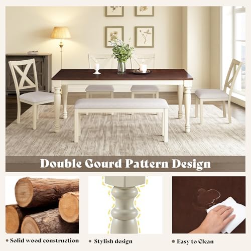LUXOAK 6 Piece Solid Wood Dining Table Set with 71" Farmhouse Table