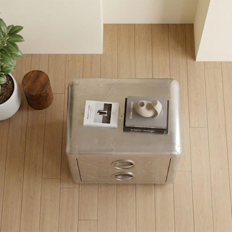Aviator Side Table with 2 Drawers, Aluminum Stool, Aviation Home Office Decor...