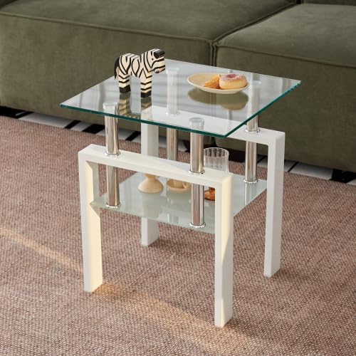 Glass End Table Tea Table with Shelf Side Table with Metal Legs Modern Small ...