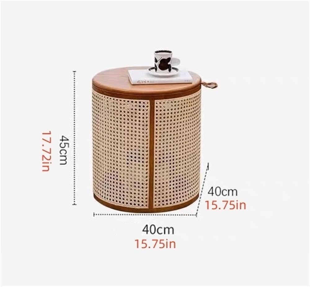 Round Wood Rattan Side Table Japanese Style Small Coffee Table with Storage B...