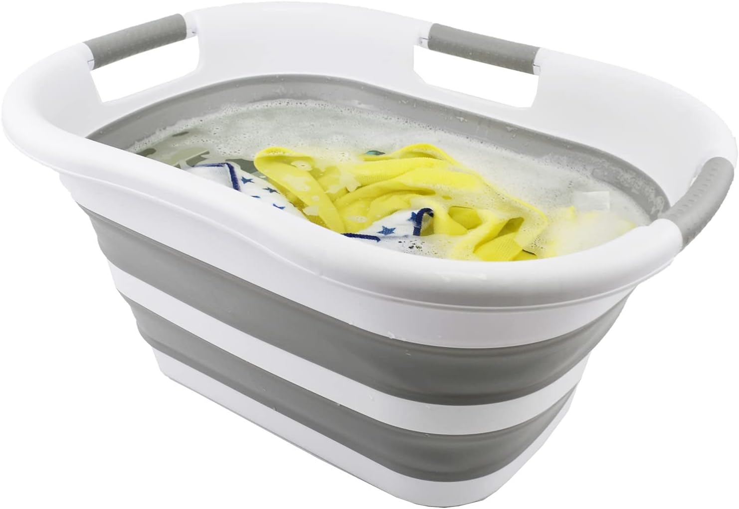 SAMMART 30L (7.9 gallon) Collapsible Plastic Laundry Basket - Foldable Pop Up Storage Container/Organizer - Portable Washing Tub - Space Saving Hamper/Basket (1, White/Grey)