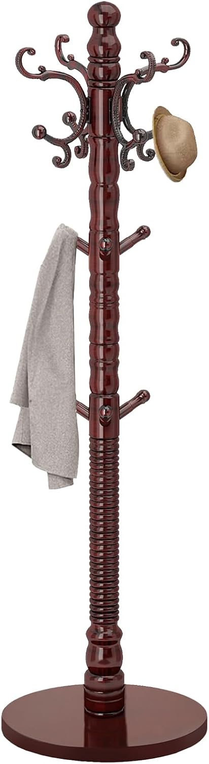 OIRUMIE Wood Coat Rack Stand, Wooden Coat Rack Freestanding with Sturdy Round Base, Vintage Coat Racks with 14 Hooks, Natural Birch Wood Entryway Coat Tree Hanger Stand Easy to Assemble