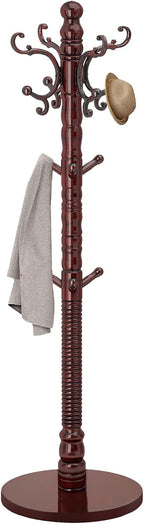 OIRUMIE Wood Coat Rack Stand, Wooden Coat Rack Freestanding with Sturdy Round Base, Vintage Coat Racks with 14 Hooks, Natural Birch Wood Entryway Coat Tree Hanger Stand Easy to Assemble