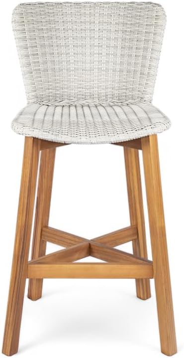 Saiveina Lymington Outdoor Bar Stool, Teak Finished Wood with Light Grey Wick...