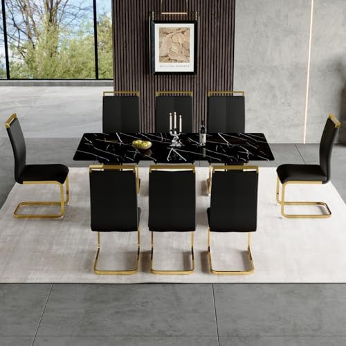 8 Chairs Dining Table Set, 71'' Kitchen Table Set for 8, Faux Marble ...