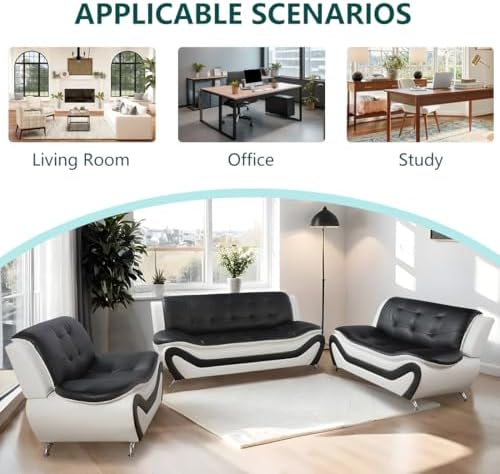Leather Sectional Sofa Couches, Living Room Furniture Sets, 3 Pieces Modern Sofa Couch Set for Living Room/Apartment/Office/Bedroom, Black & White