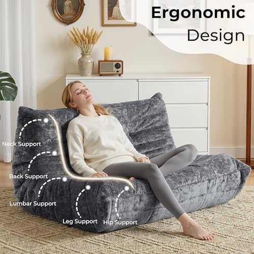 HABUTWAY Giant Bean Bag Chairs Loveseat for Adults,2 Seater,Grey | Loveseat F...