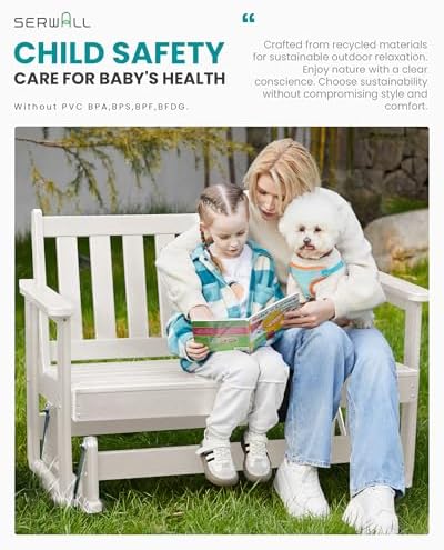SERWALL 2 Person Patio Glider Bench, HDPE All Weather Swinging Bench, White