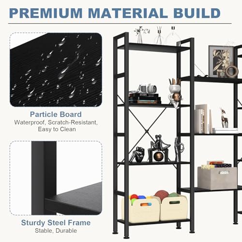 DUMOS Triple Column 4 Tier Bookshelf, Wide Industrial Bookcase, Black