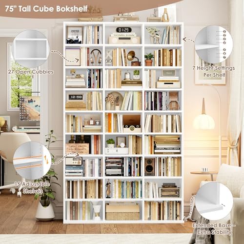 FOTOSOK 75'' H White Bookshelf with 27 Cubes, Triple Wide Tall Bookcase