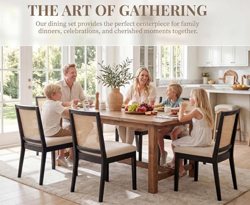 HNY Farmhouse Rattan Dining Chairs Set of 4, Black Solid Hardwood Frame, Upho...