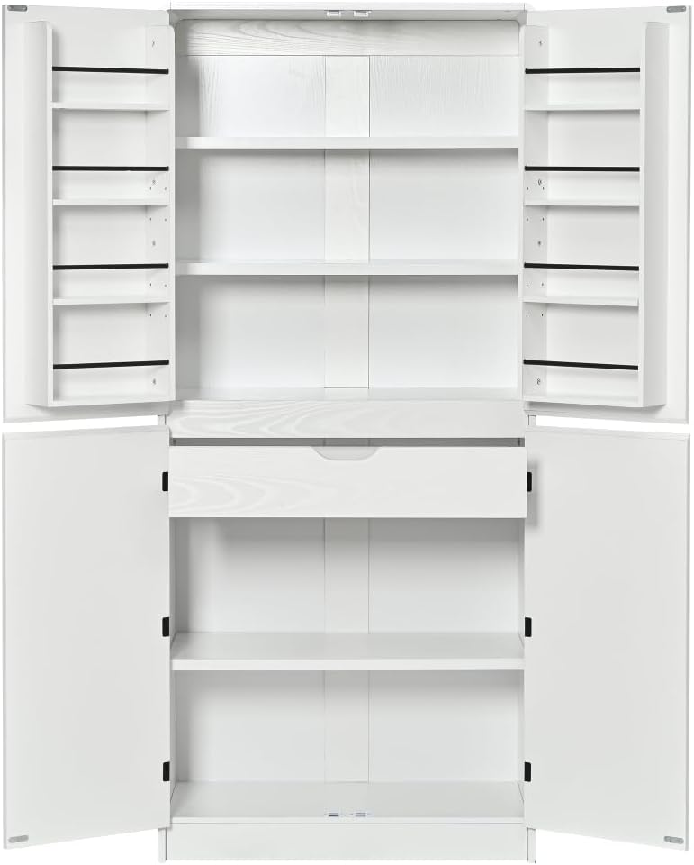 72" Tall Kitchen Pantry with Hidden Drawer, 8 Door Shelves & 3 Adjus...