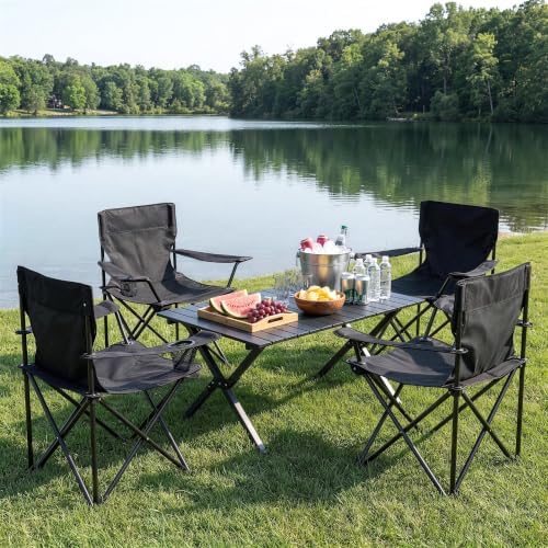 4 Pack Folding Camping Chairs with Table Set, Foldable Portable Lawn Chairs w...