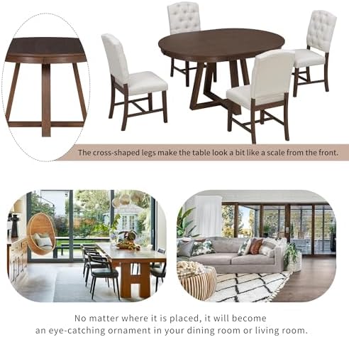 LUMISOL Extendable Round Dining Table Set for 4-6, 5-Piece Farmhouse Kitchen ...