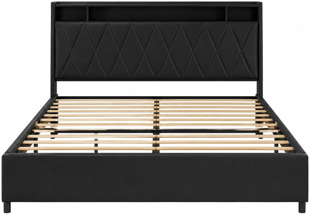 Peanu Queen Bed Frame, Ergonomic Headboard, Built in Charger Black