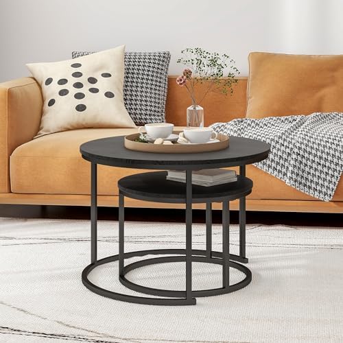HOJINLINERO Round Nesting Coffee Table Set of 2,Wood Cocktail Table,Black | C...