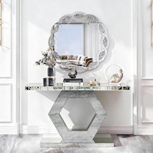 SSLine 2-Piece Set Mirrored Console Table with Wall Mirror, 55" Modern M...