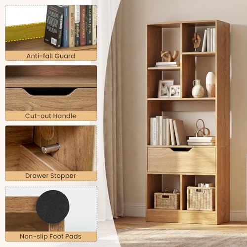 Tangkula 51” Tall Open Bookcase with Drawer, 7-Cube Display Storage Cabinet O...
