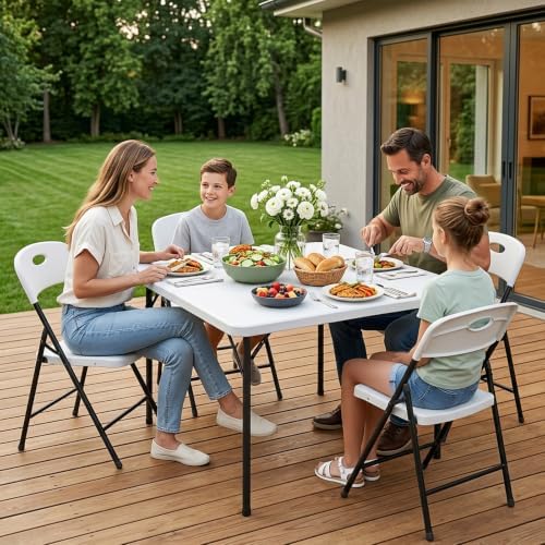 Folding Table and Chairs Set for 5, 36 Inch Foldable Plastic Table with Carry...