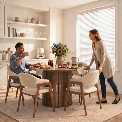 47-Inch Round Dining Table for 4-6, Tambour Door Storage, Walnut