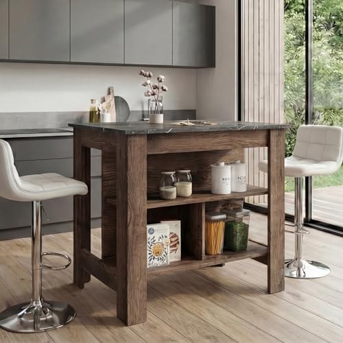 TUHOME Cala Kitchen Island with Storage and Seating, 35.4" Tall Workstation, 3 Open Shelves, Wide Tabletop, Four Sturdy Legs, Engineered Wood, Small Kitchen Island for Meal Prep
