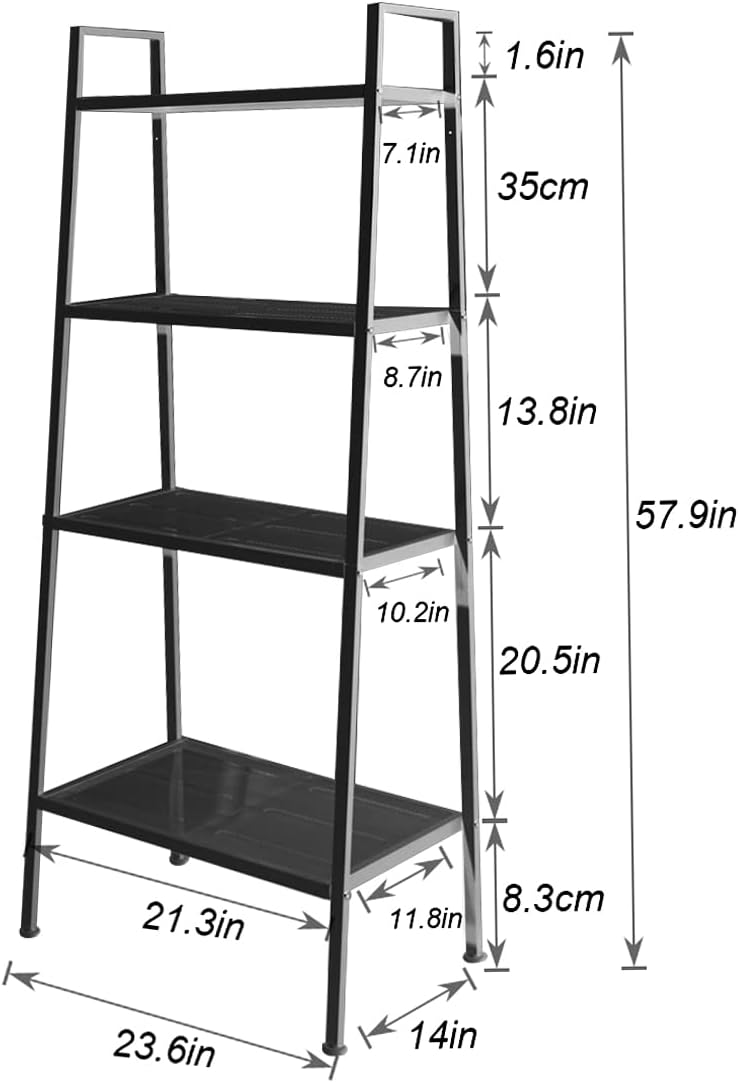 soges Ladder Shelf, 4-Tier Shelves Bookshelf, Storage Rack Shelves, Bathroom, Living Room, Plant Flower Stand, Multifunctional Display Shelfs, Simple Assembly, Black