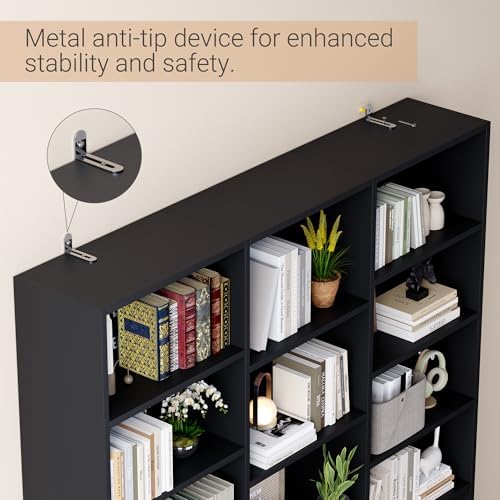 ELYKEN Triple Wide Bookshelf, Large 6 Tier Bookcase with 17 Shelves, Black