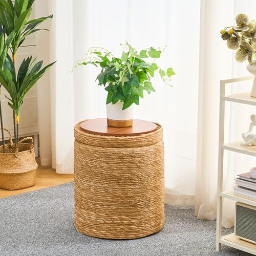 Round Storage Pouf Ottoman Hand Weaving Natural Boho Straw Footstool Pouffe |...