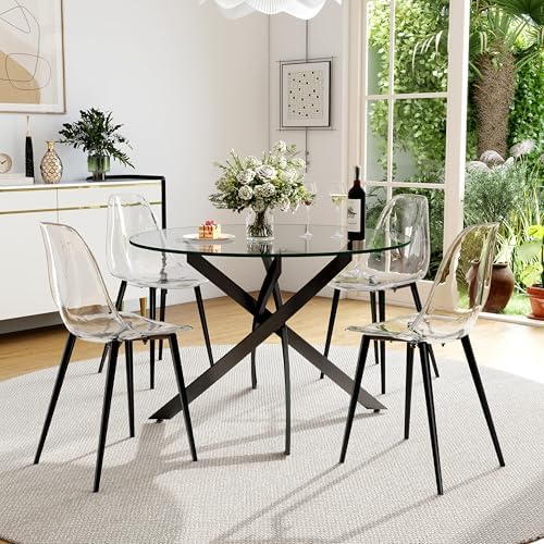 Clear Round Glass Dining Table Set for 4, 5 Piece Circle Kitchen Table Set, 3...