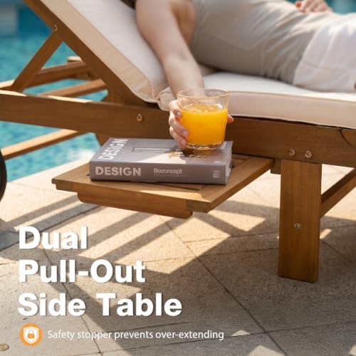 Patiorama Patio Acacia Wood Chaise Lounge Set of 2, Pull-Out Table, Cream