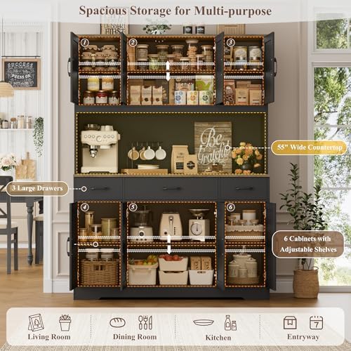 HOSTACK 71" Tall Kitchen Pantry Storage Cabinet, 55" W Kitchen Hutc...