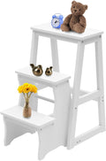 LYNICESHOP Folding Library Ladder Chair, 3-Step Wooden Folding Chair Lightweight Portable Multifunctional Step Stool, Stool Stepladders Display Stand and Flower Stand (White)