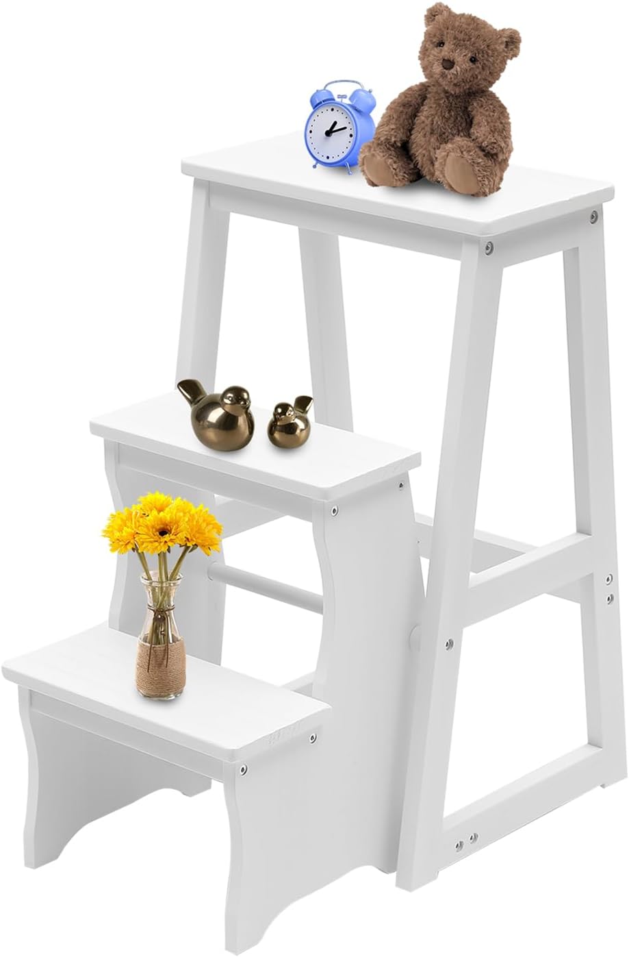 LYNICESHOP Folding Library Ladder Chair, 3-Step Wooden Folding Chair Lightweight Portable Multifunctional Step Stool, Stool Stepladders Display Stand and Flower Stand (White)