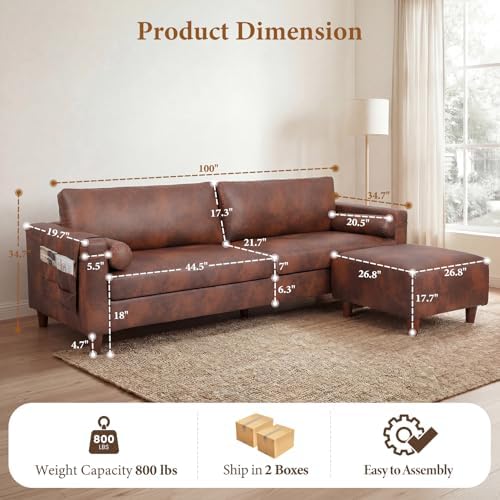 Vesgantti 100" L-Shaped Faux Leather Sectional Couch, Wide Seating, Coco...