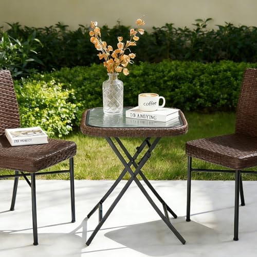 VINGLI 18in Modern Brown Rattan Folding Glass Outdoor Side Table, Small Patio...