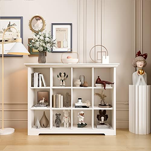 OSCHF 12-Cube Open Bookcase with Base, 3-Tier Wooden Bookshelf, White
