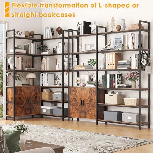 6-tire Farmhouse Corner Book Shelf with 2 Barn Doors and 10 Storage Shelves, ...