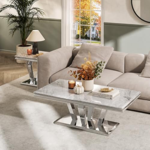 2 Piece Silver Living Room Table Set, Luxury Coffee Table Set | Gray Top, Sil...