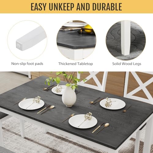 Zevemomo 6-Piece Solid Wood Dining Table Set, Wooden Legs, White | Including ...