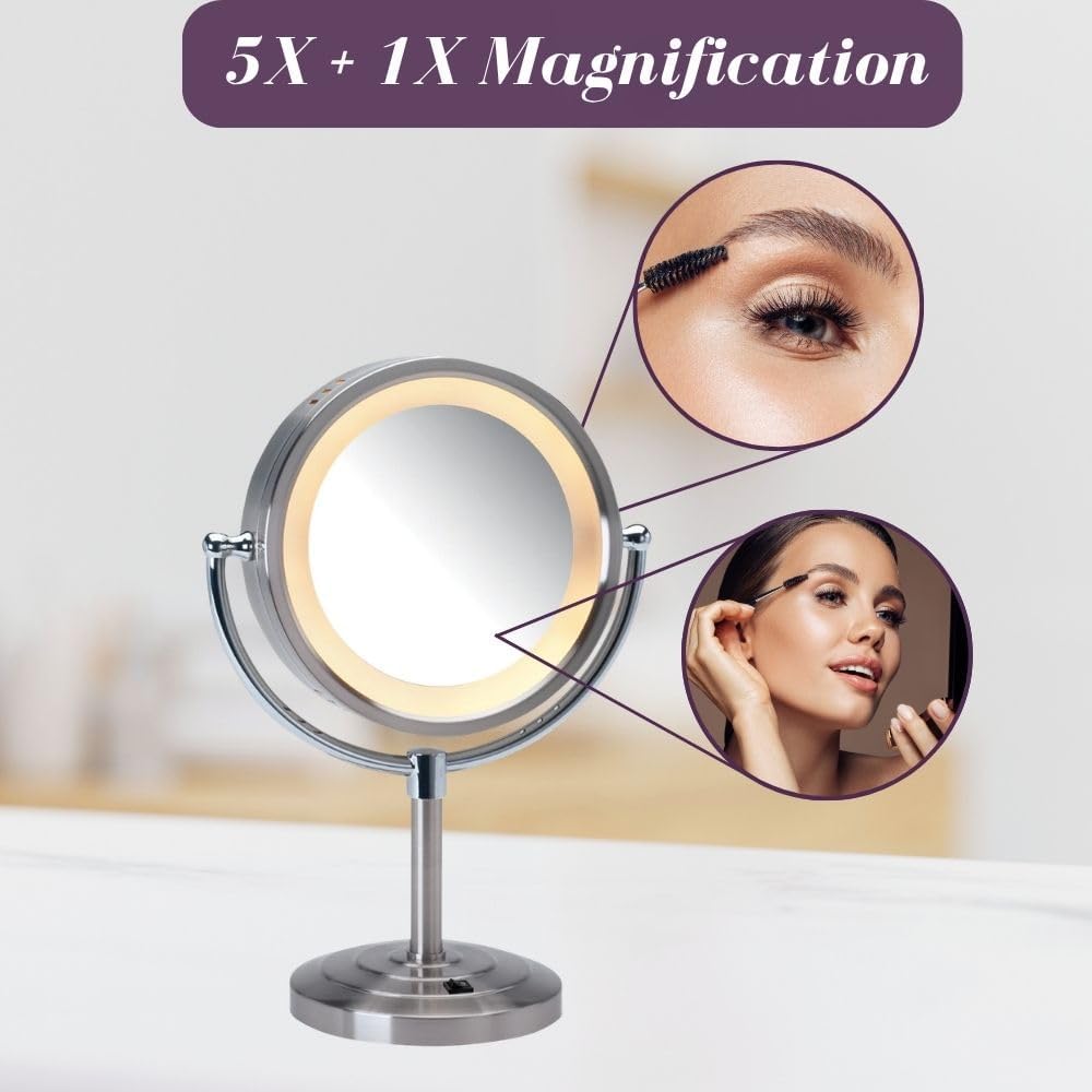 JERDON Lighted Makeup Mirror with 5X Magnification - Nickel - HL745NC