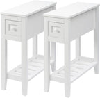 Narrow Side Table for Small Spaces, White Side Table with Drawer, Slim Bed Side Table/Night Stand Set of 2, Couch Side Table